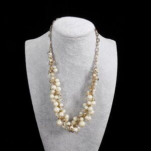 Vintage The Limited Faux White Pearl Shaky Necklace Two-Tone Clear Crystal Beads